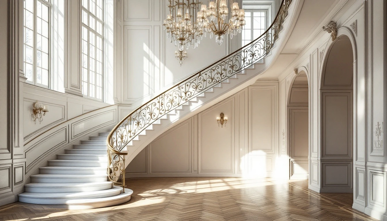 Hall d'hôtel particulier rénové, escalier monumental
