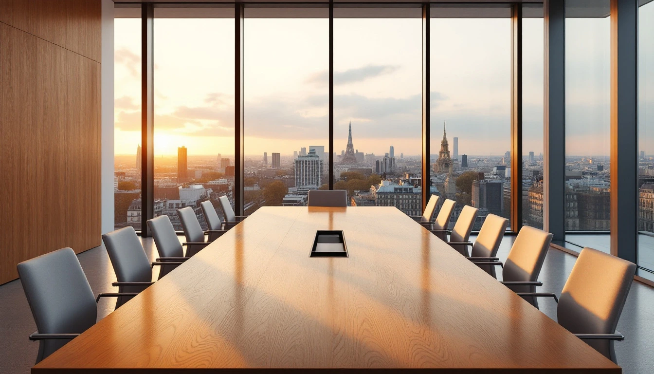 Salle de gouvernance projet, vue sur skyline urbaine